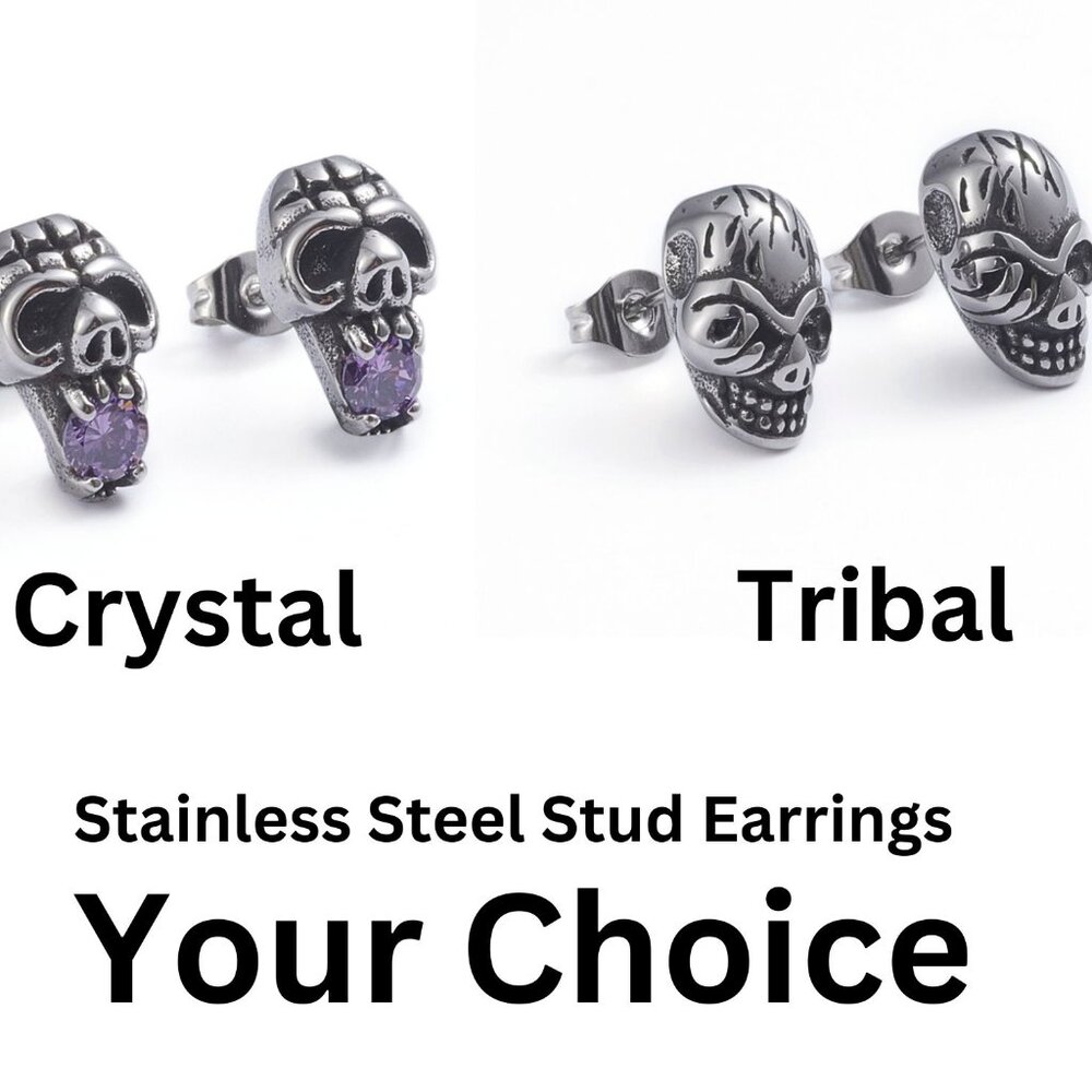 💝5/$25💖 Choice of Crystal or Tribal Stainless Steel Stud Skull Earring